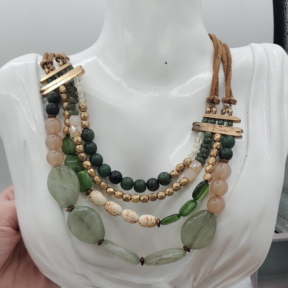 3 Strand Beaded Leather Pelt Necklace 26 Inch N3905